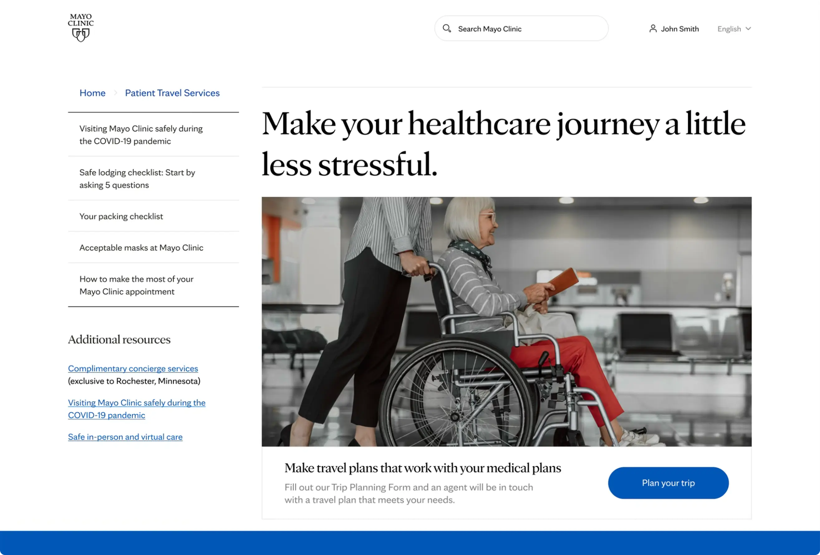 Mayo Clinic Patient Travel Services landing page design