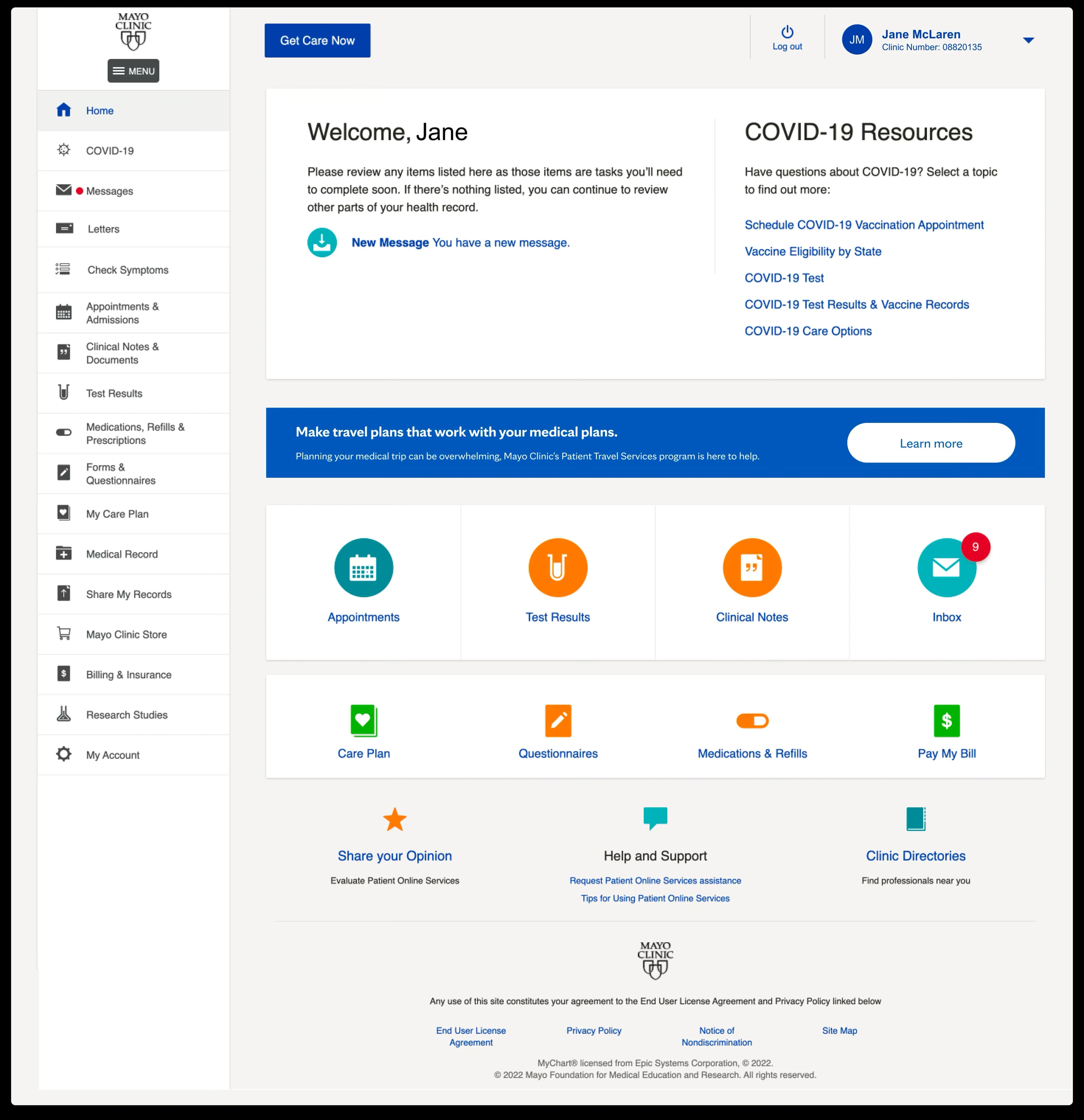 Mayo Clinic patient portal interface showing travel services integration