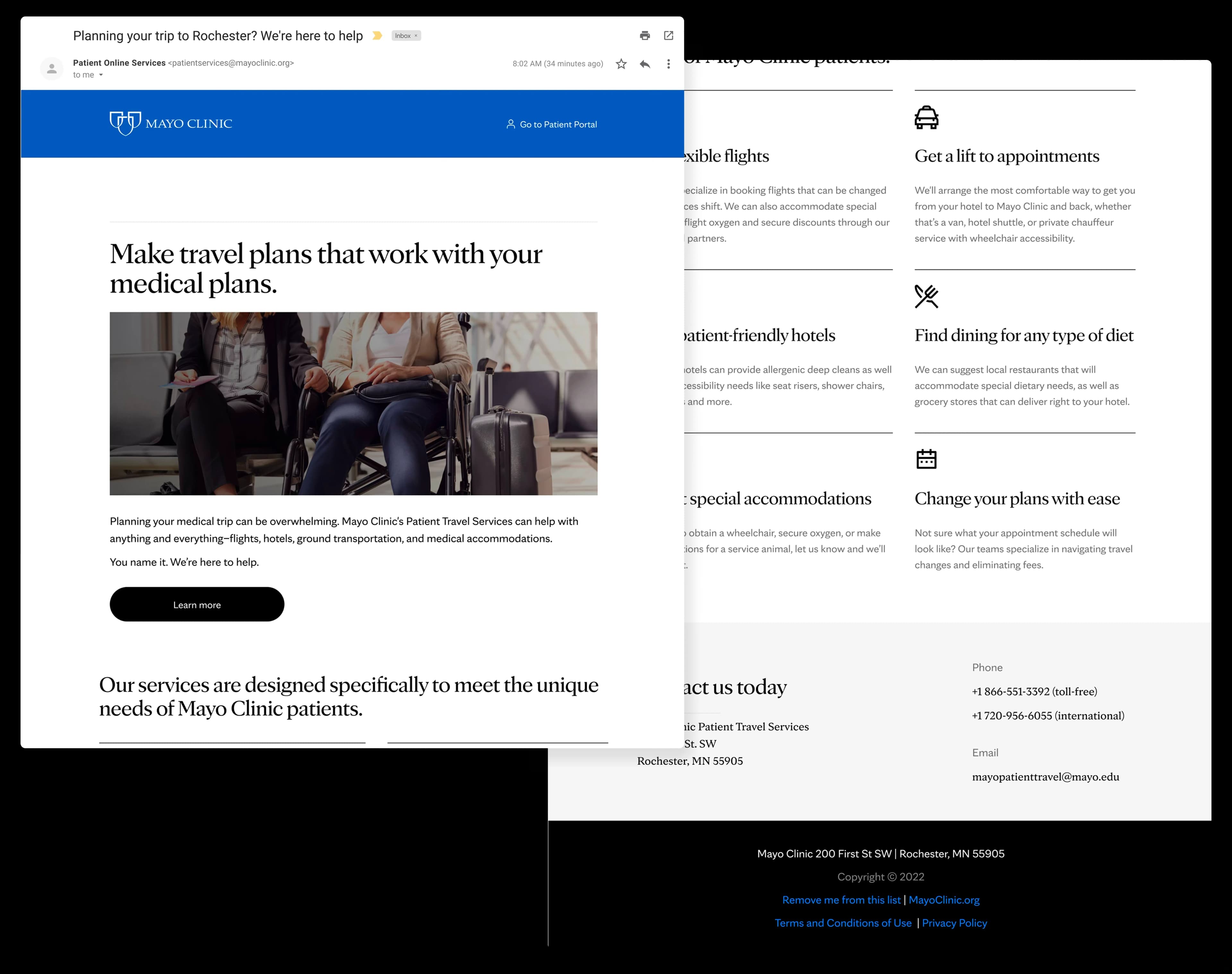 Mayo Clinic travel services email interface
