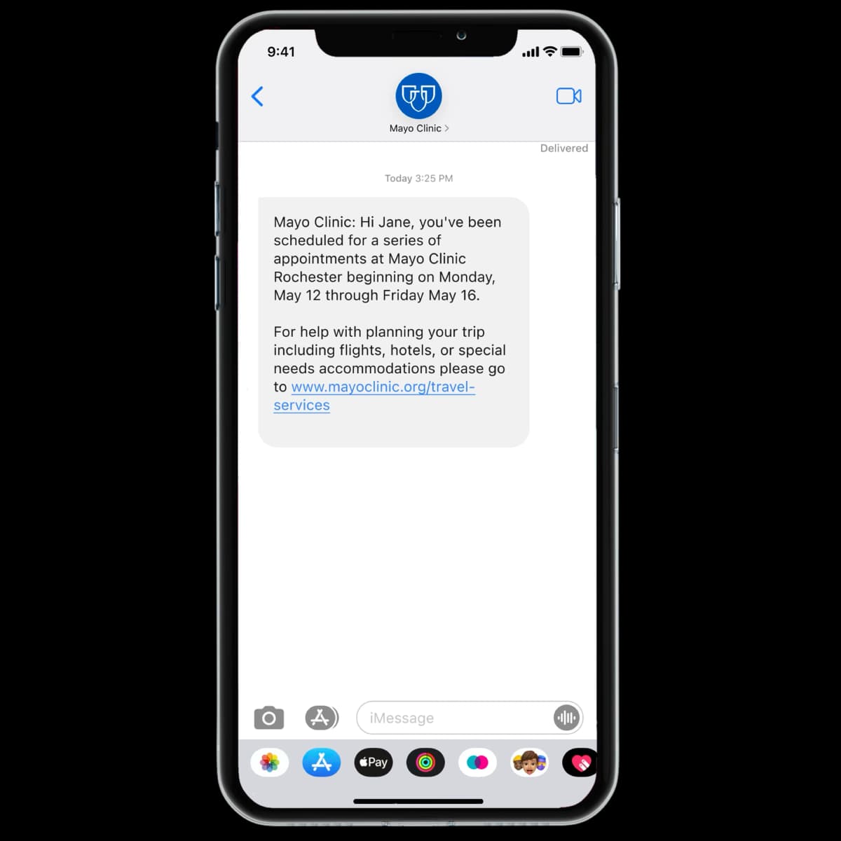 Mayo Clinic travel services text message interface