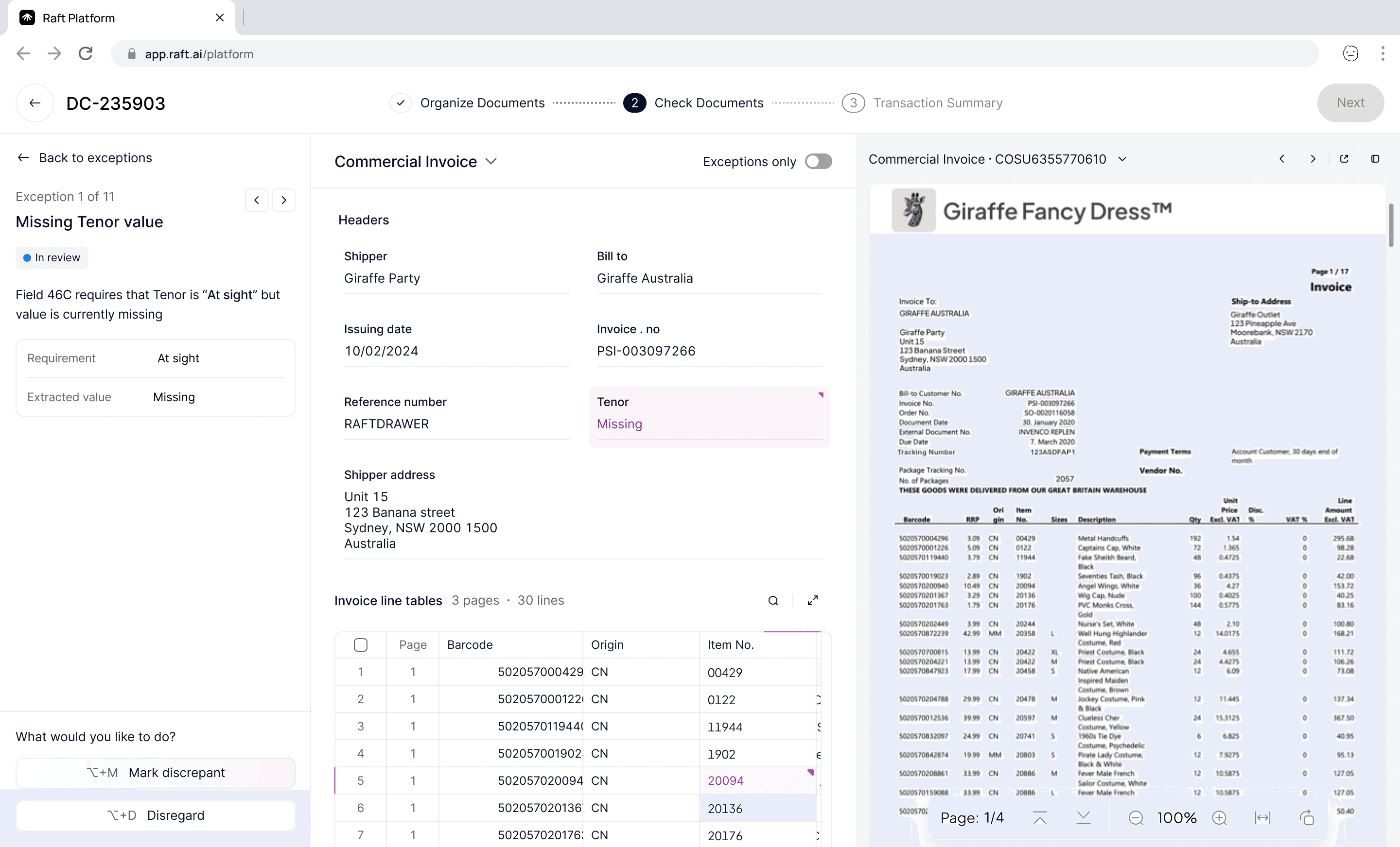 Full checking interface showing exception detail, extracted document fields, and document preview