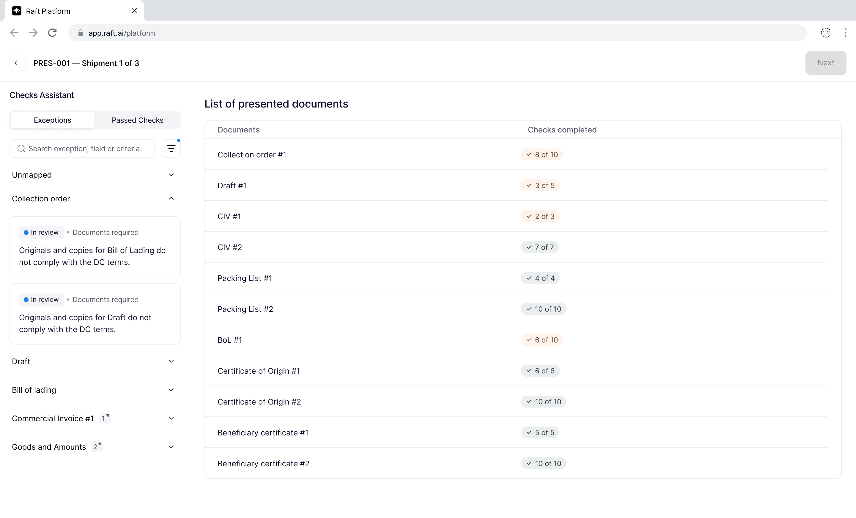 List of presented documents showing per-document check completion progress