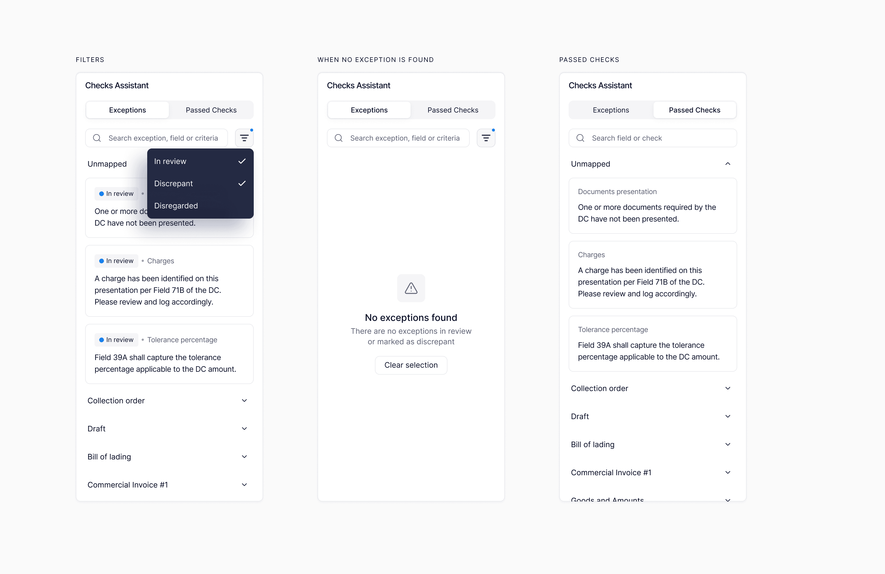Checks Assistant states: filter dropdown, empty state when no exceptions found, and passed checks view