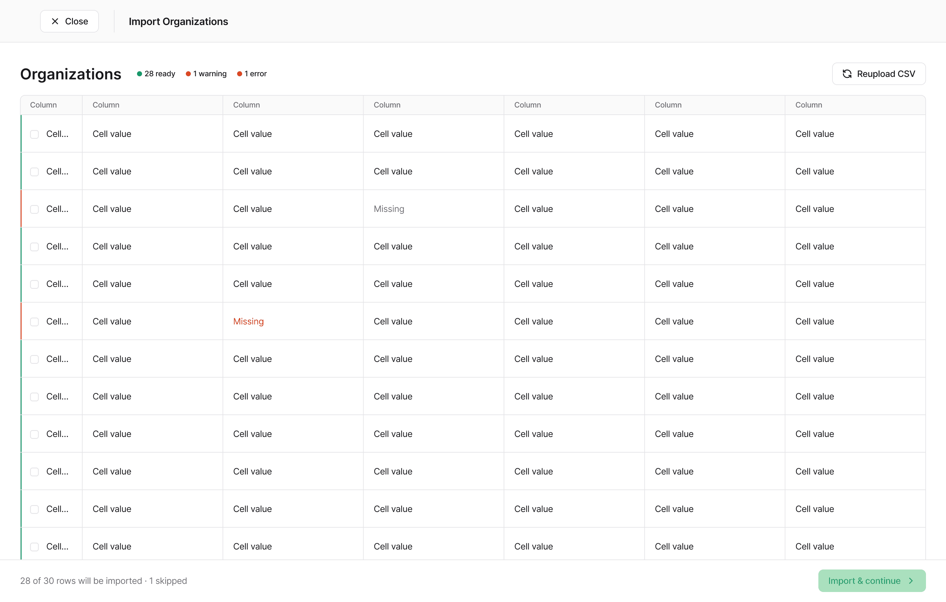 Import validation showing row-level status indicators with warnings and errors flagged inline