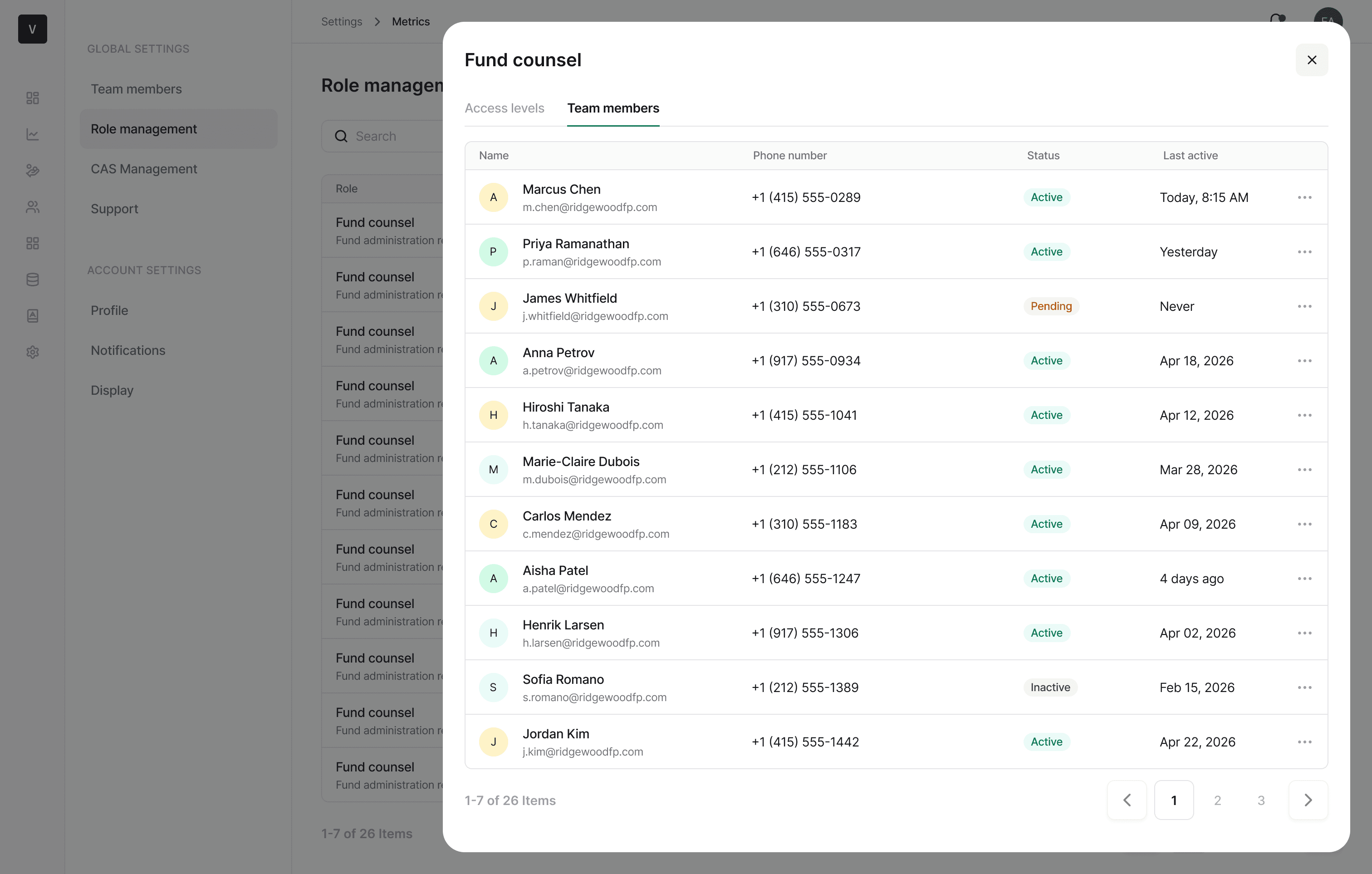 Role detail showing team members tab with list of users assigned to the Fund Counsel role