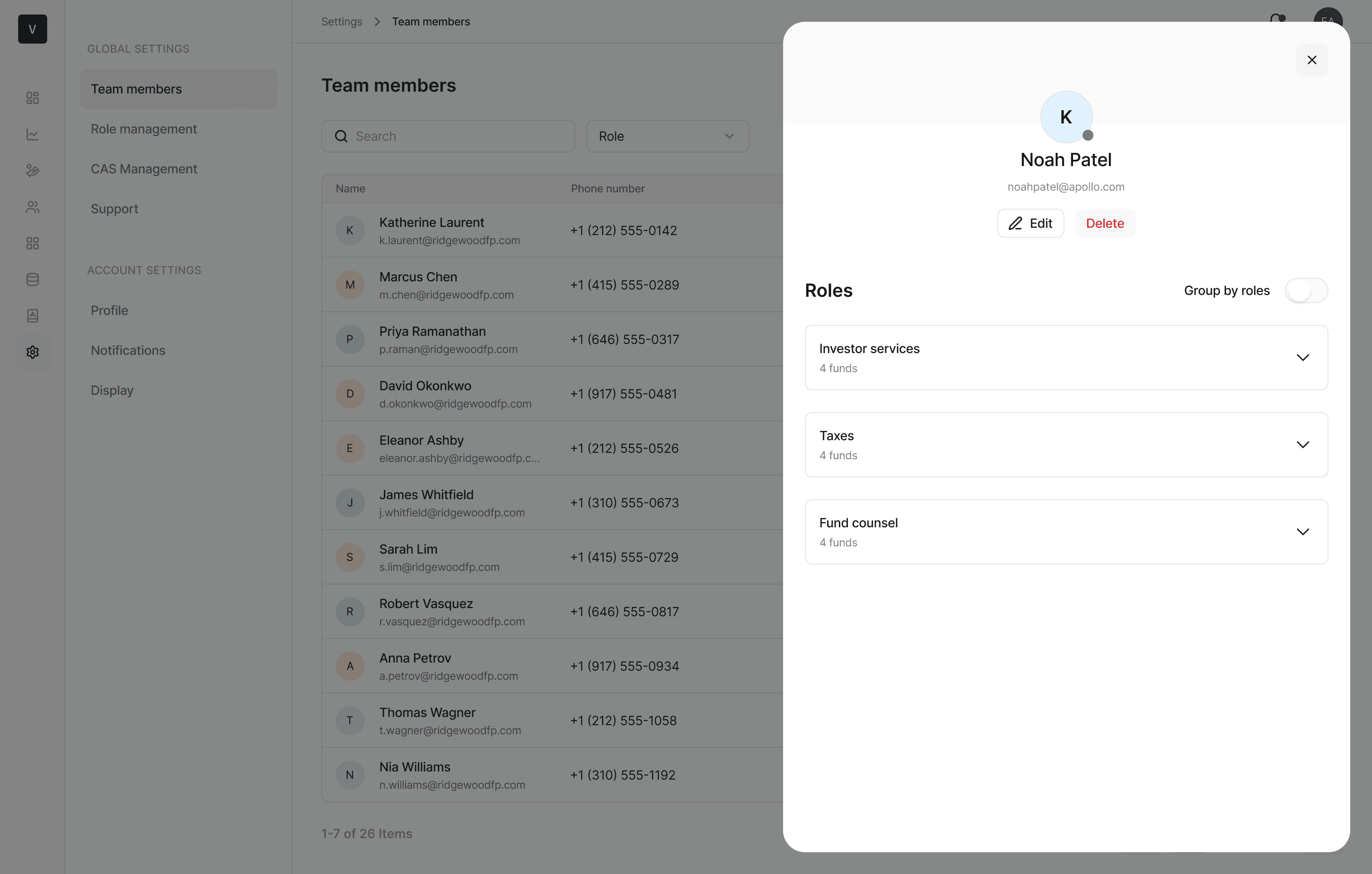 User detail drawer showing roles grouped by type — Investor Services, Taxes, and Fund Counsel each across 4 funds