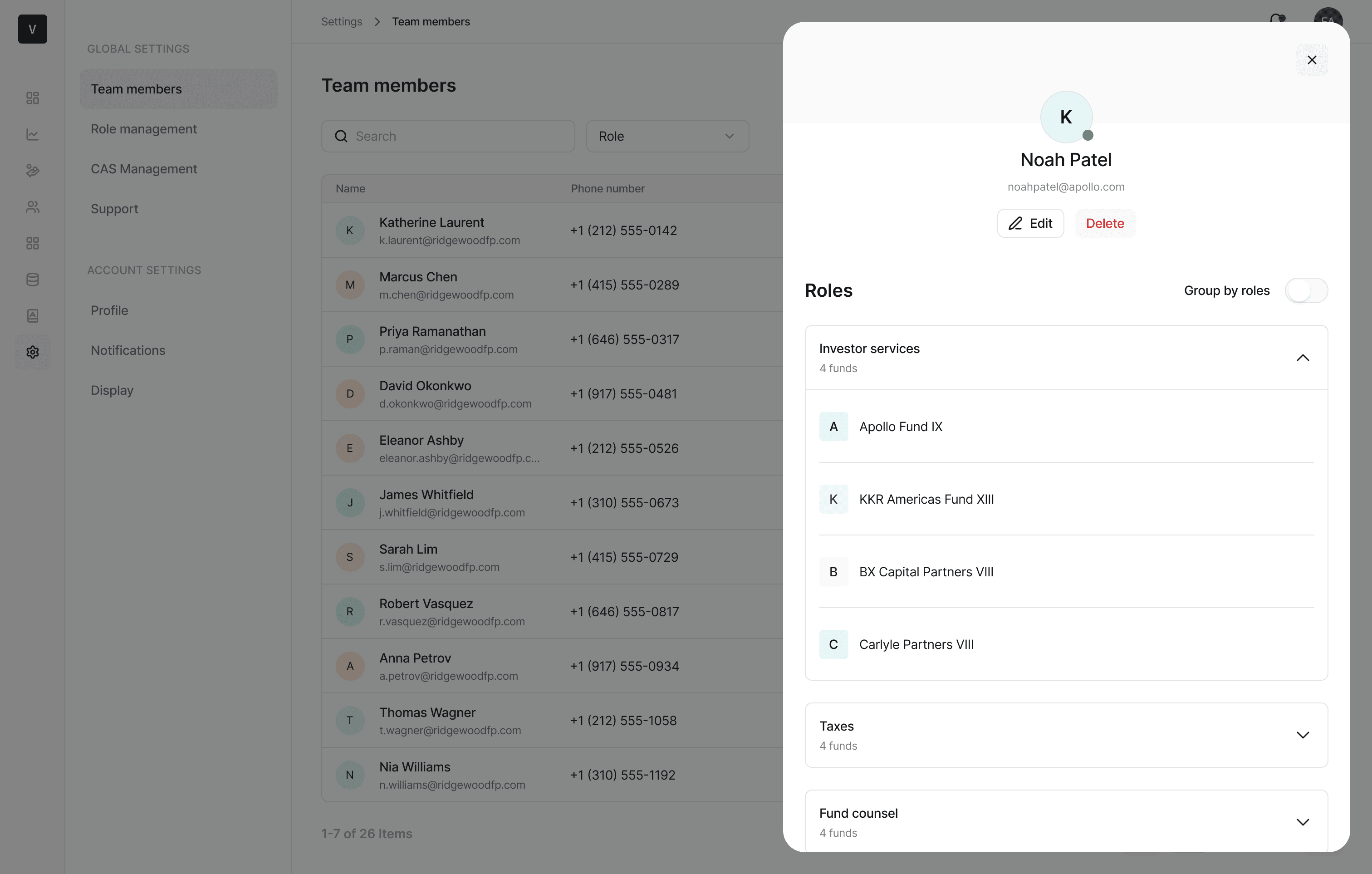User detail drawer with Investor Services role expanded showing individual fund assignments
