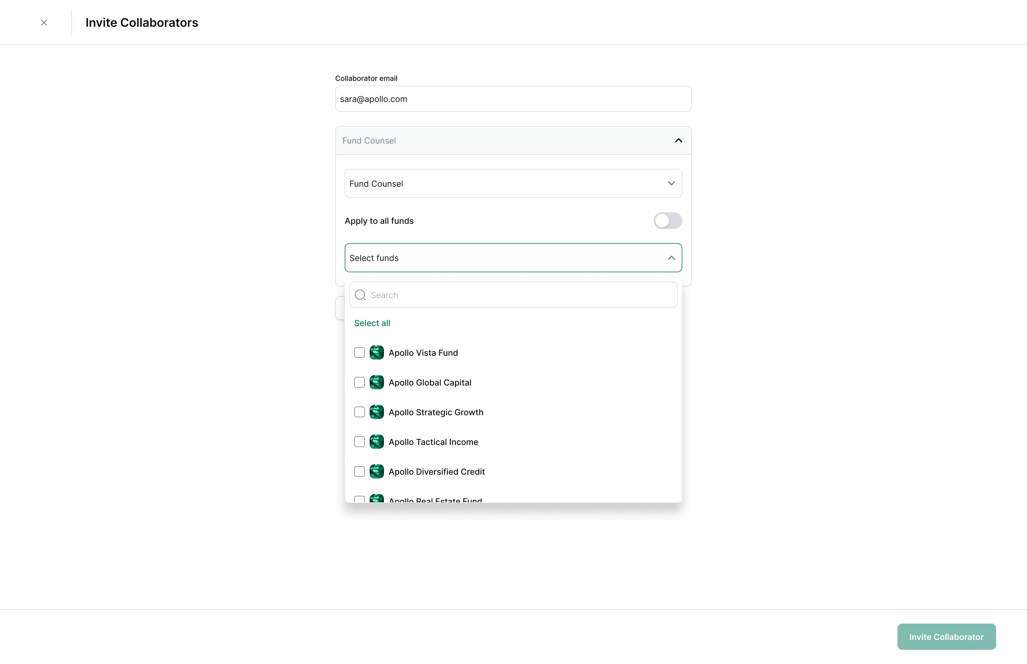 Fund selector showing easy switch between All funds and Selected funds