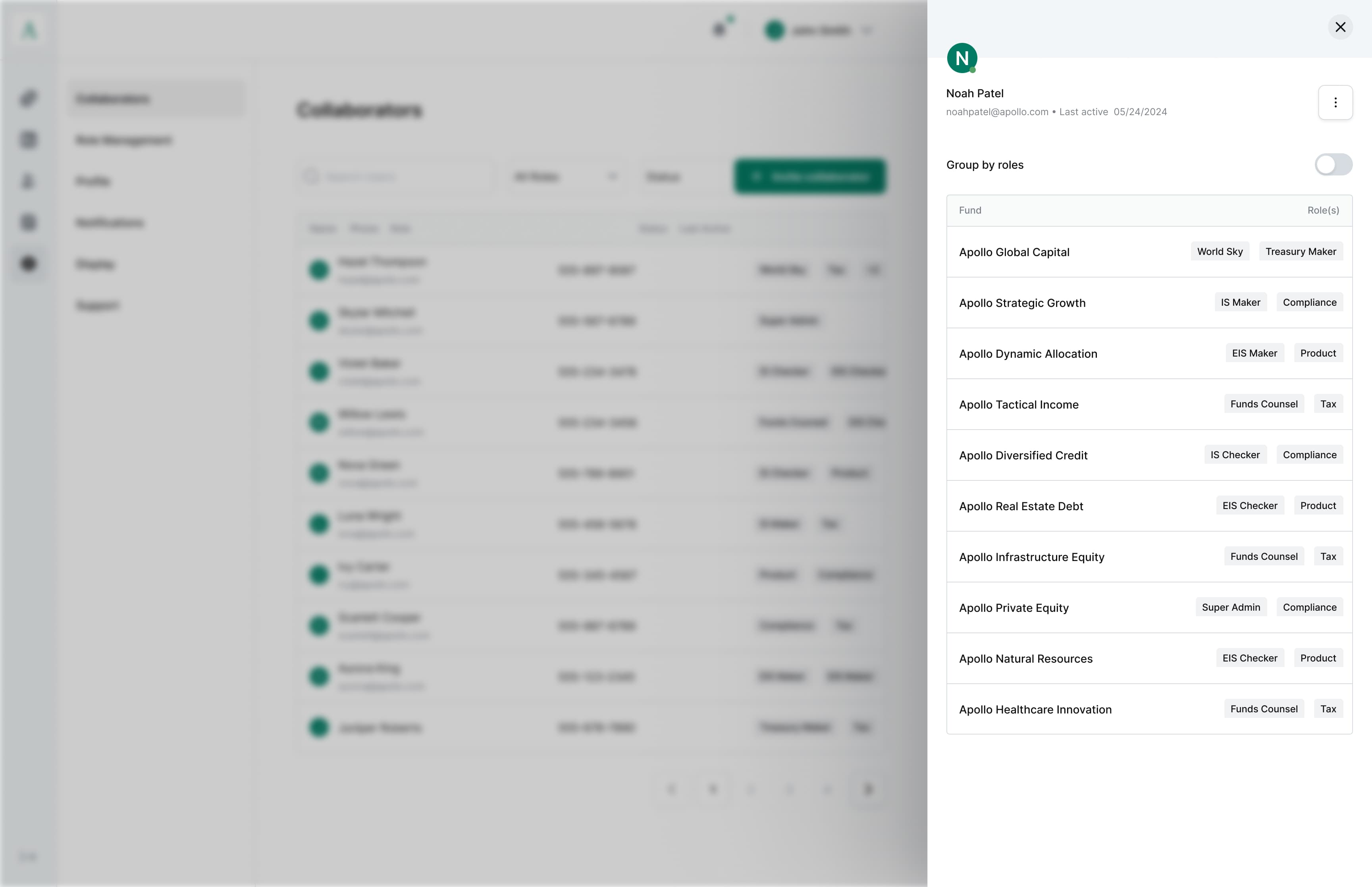 User access view showing all fund assignments without role grouping