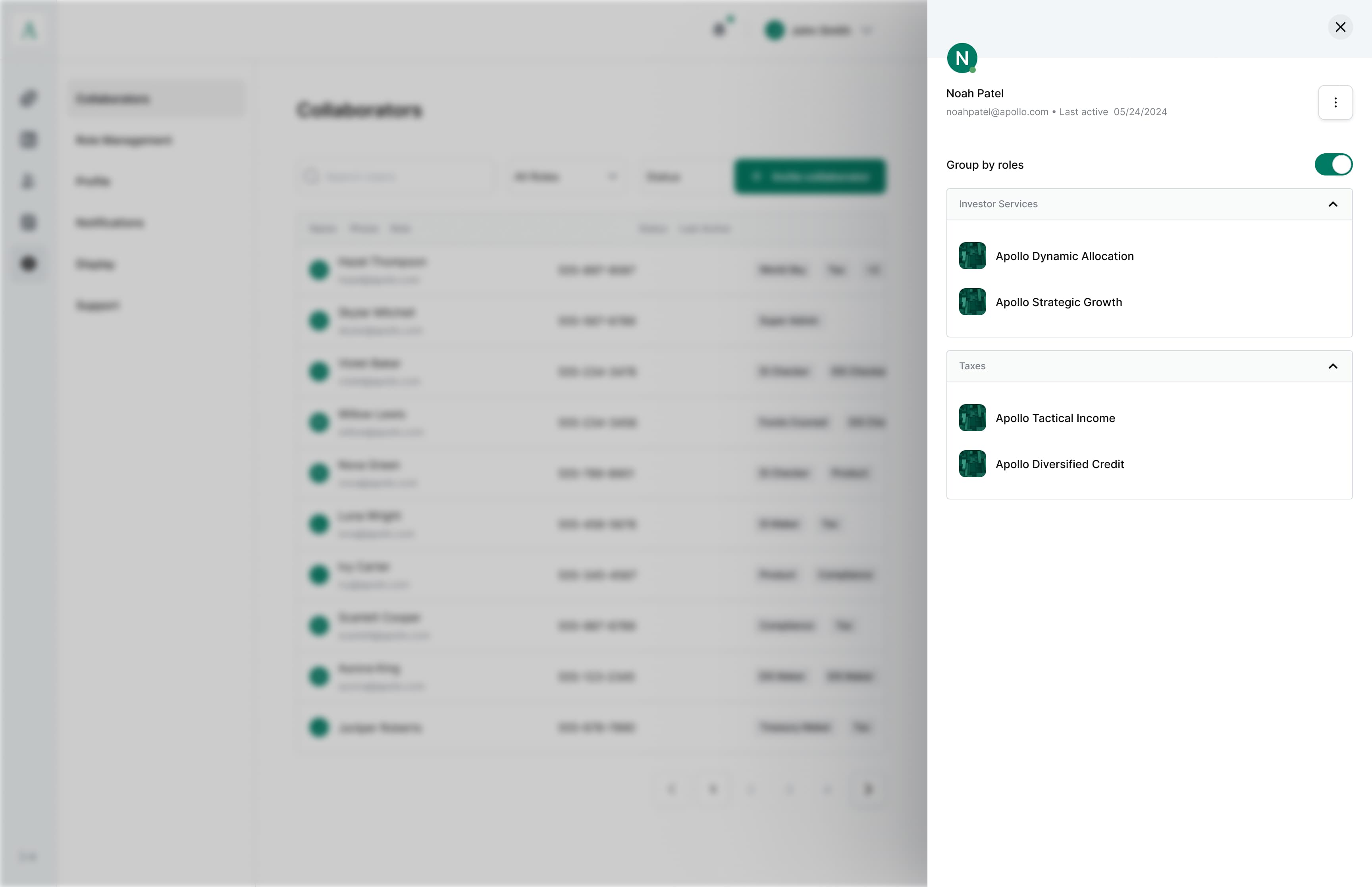 User access view showing all fund assignments without role grouping